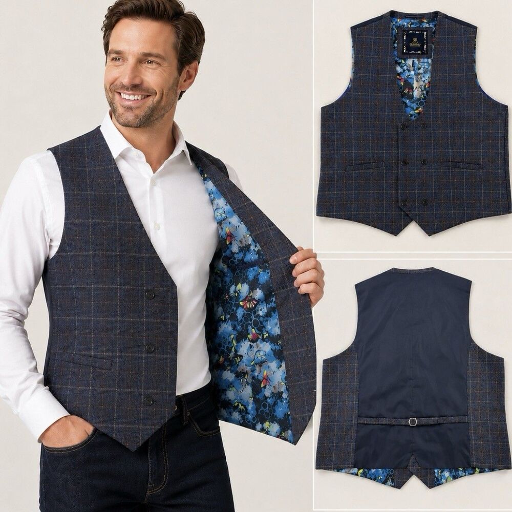 House of Cavani Mens Waistcoat XL Blue Windowpane Vest Butterfly Lining